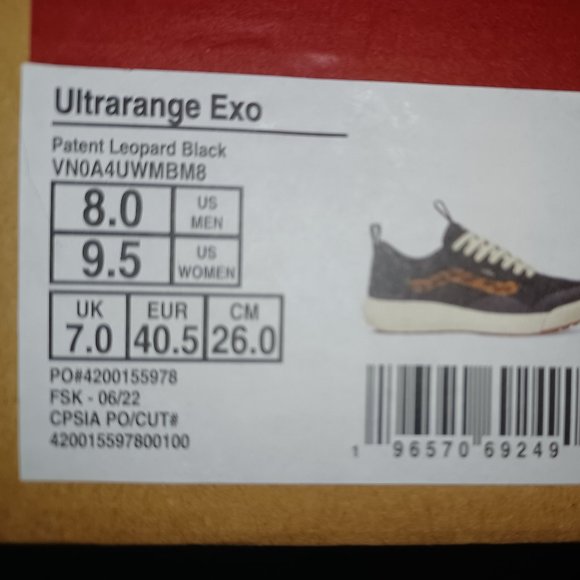 Vans Men's 8/Women 9.5 UltraRange Exo Patent Leopard Black UltraCush VN0AUWMBM8